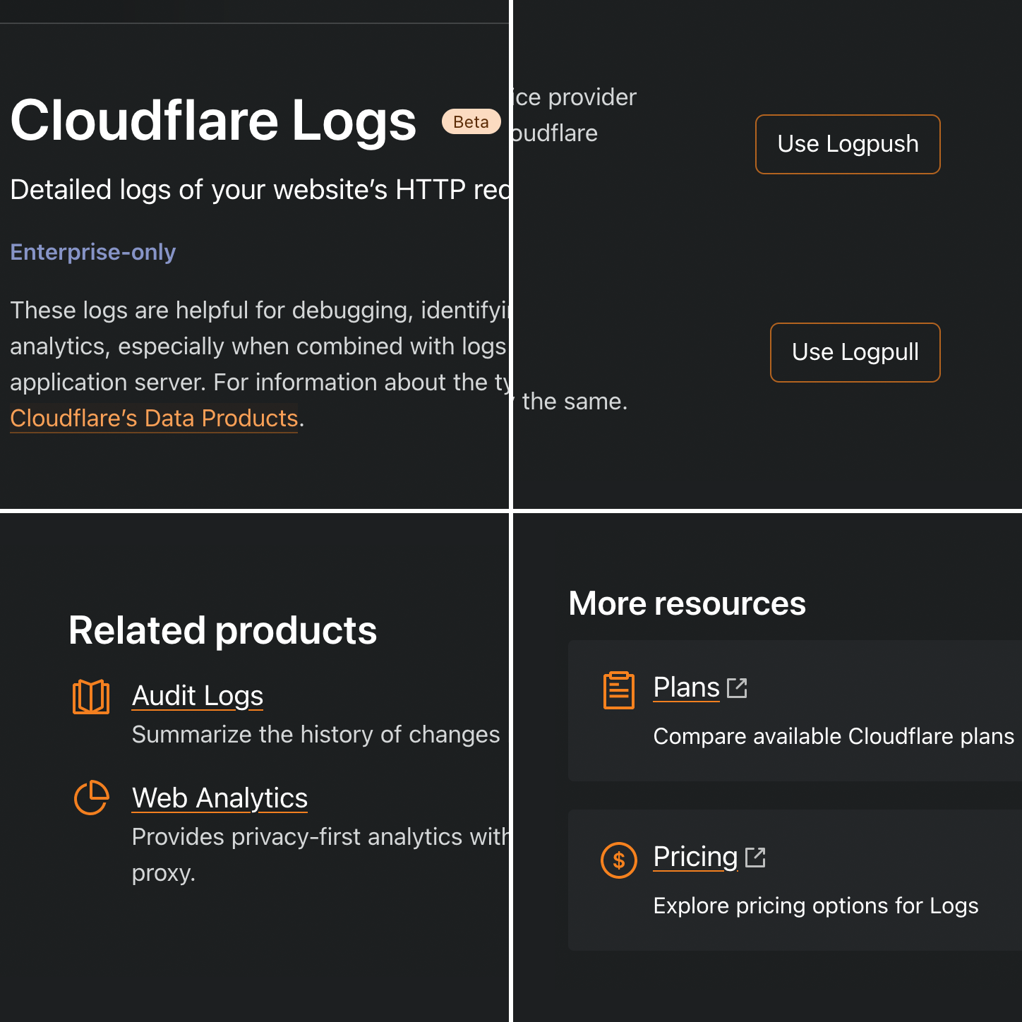 Grid of 4 screenshots, clockwise from top-left: Cloudflare Logs title with beta pill, orange buttons labeled 'Use Logpush' and 'Use Logpull', buttons labelled 'More resources', 'Related products' bullet points with icons