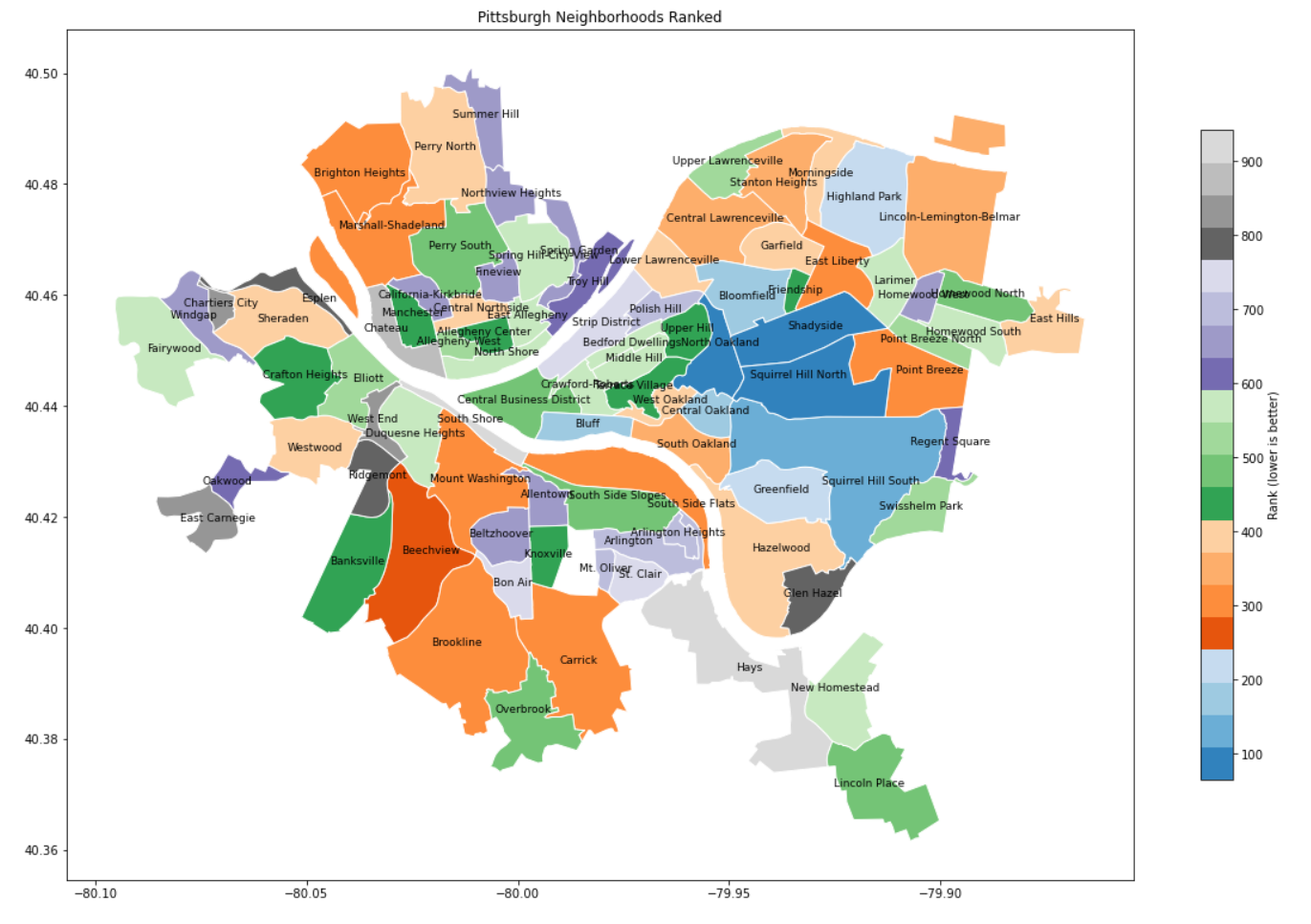 Heatmap of Pittsburgh neighborhoods ranked by livability