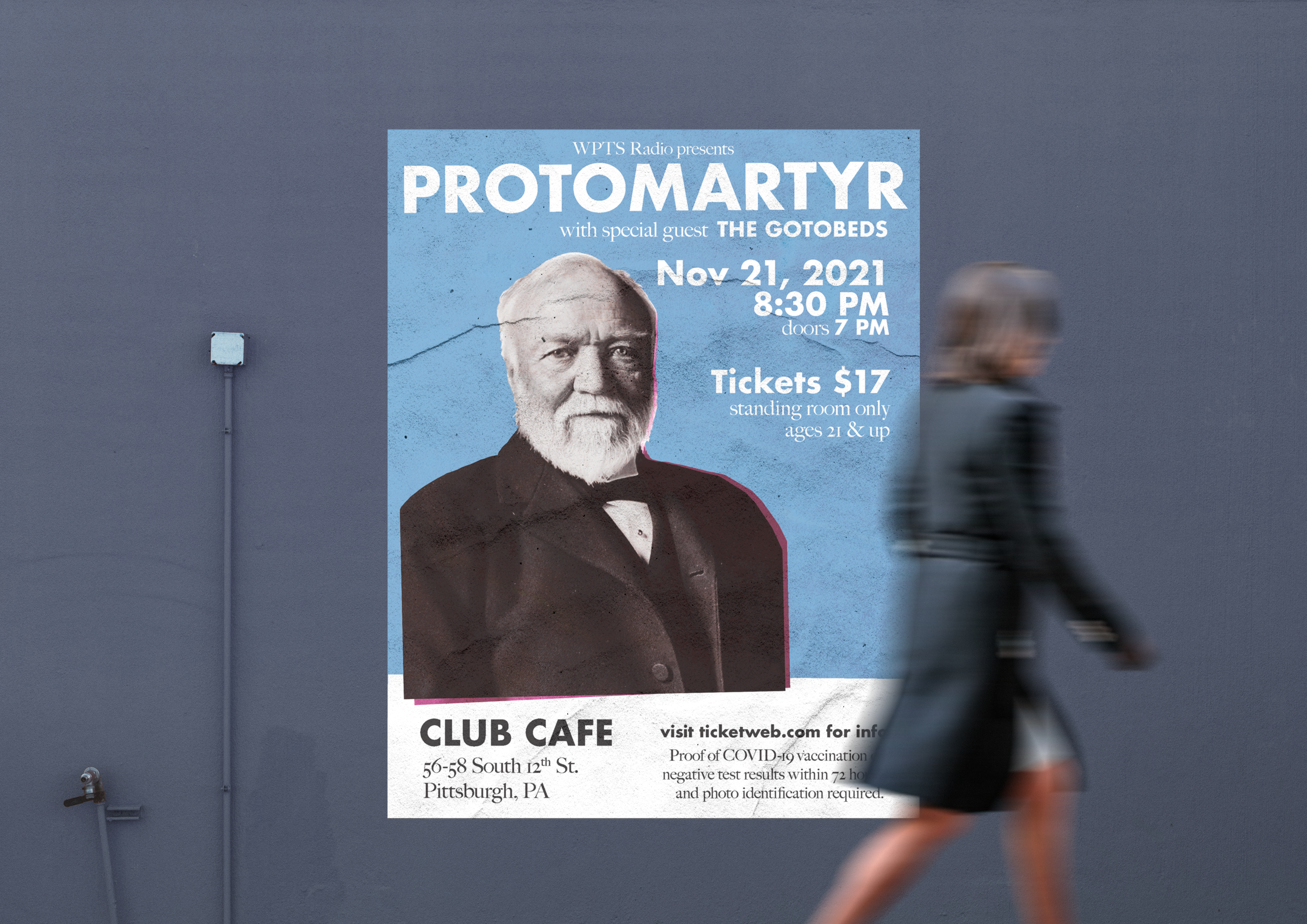 Poster for Protomartyr show in Pittsburgh featuring Andrew Carnegie