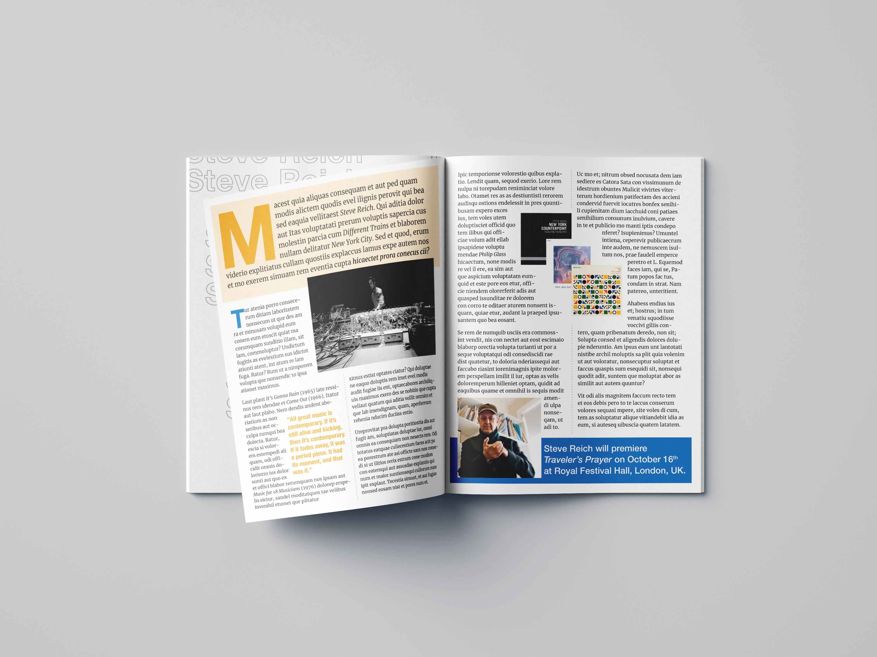 Mockup of magazine feature about American composer Steve Reich