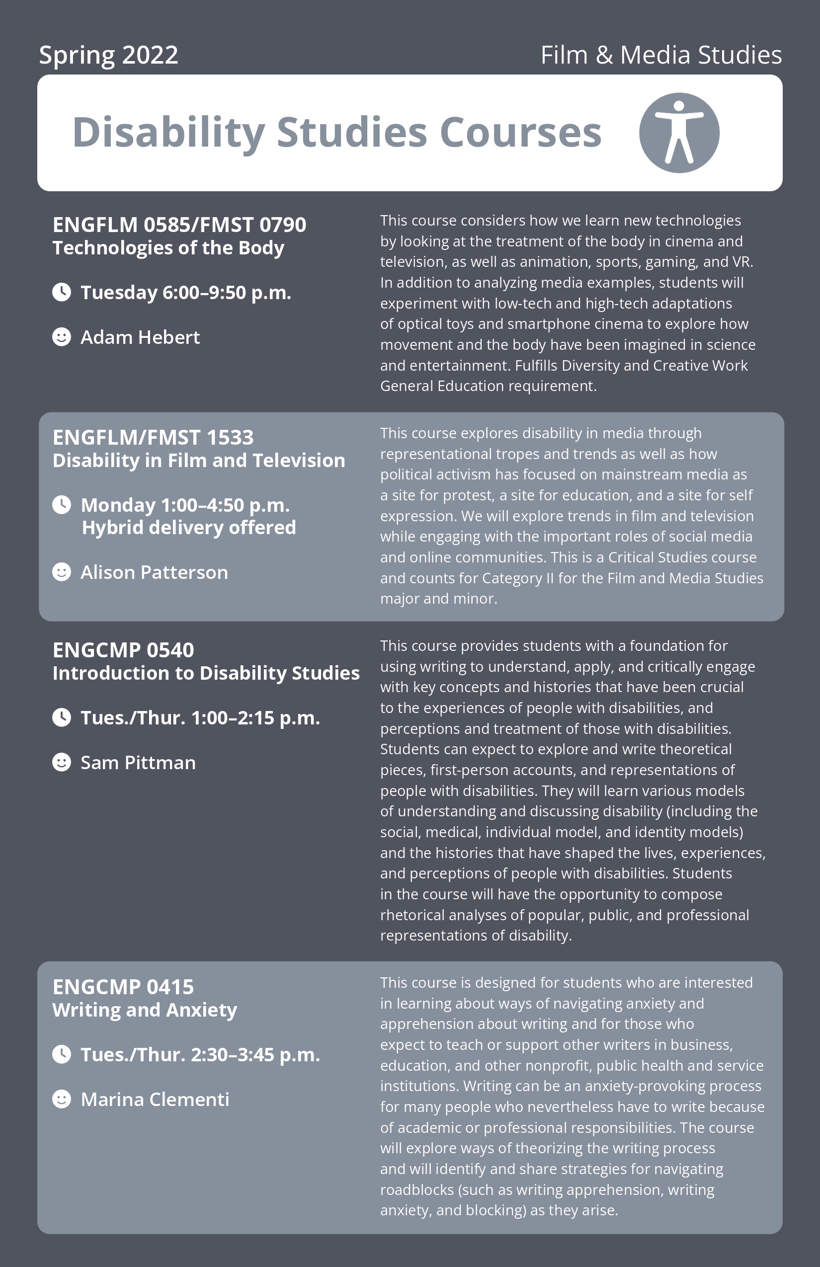 Blue poster showing options for Pitt classes related to disability studies