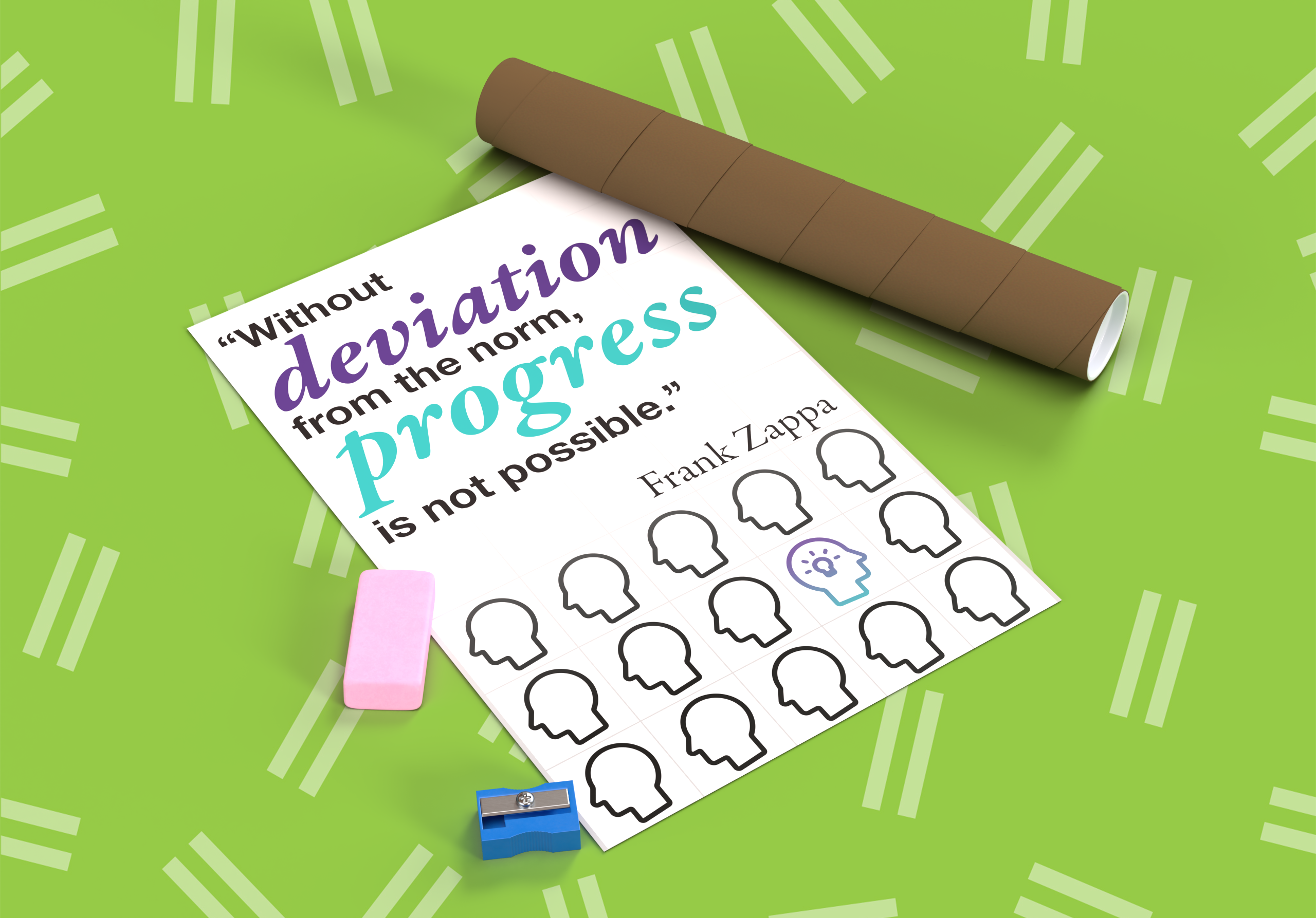 Poster mockup featuring public school style poster, flanked by an eraser and handheld pencil sharpener on the left and a cardboard poster container on the right